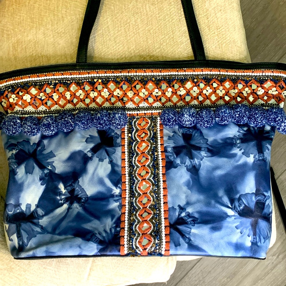 Rebecca Minkoff leather/canvas Dreamy tote w/stones, mirrors, Pom Poms - Picture 7 of 10